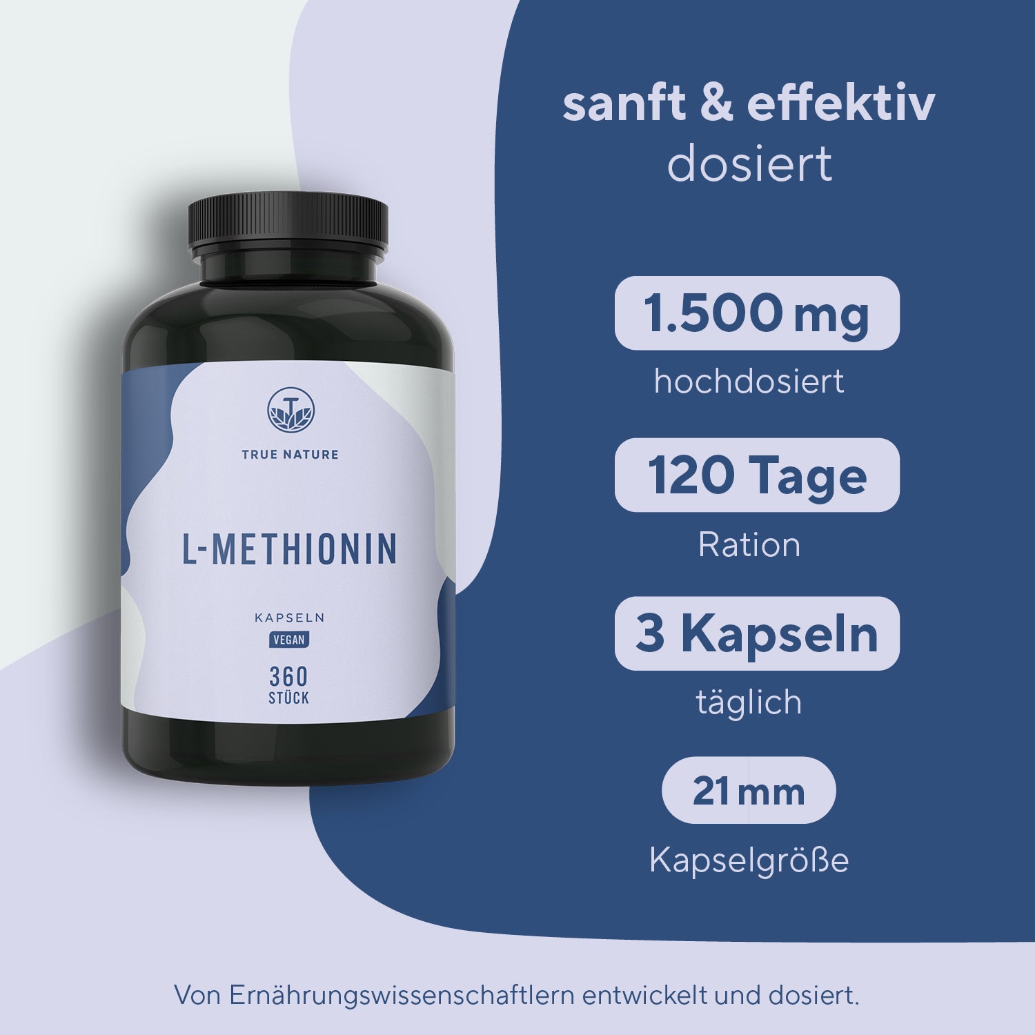 L-Methionin 500mg Kapseln- 500mg je Kapsel, 1500mg Tagesdosis,  3 Kapseln täglich - True Nature