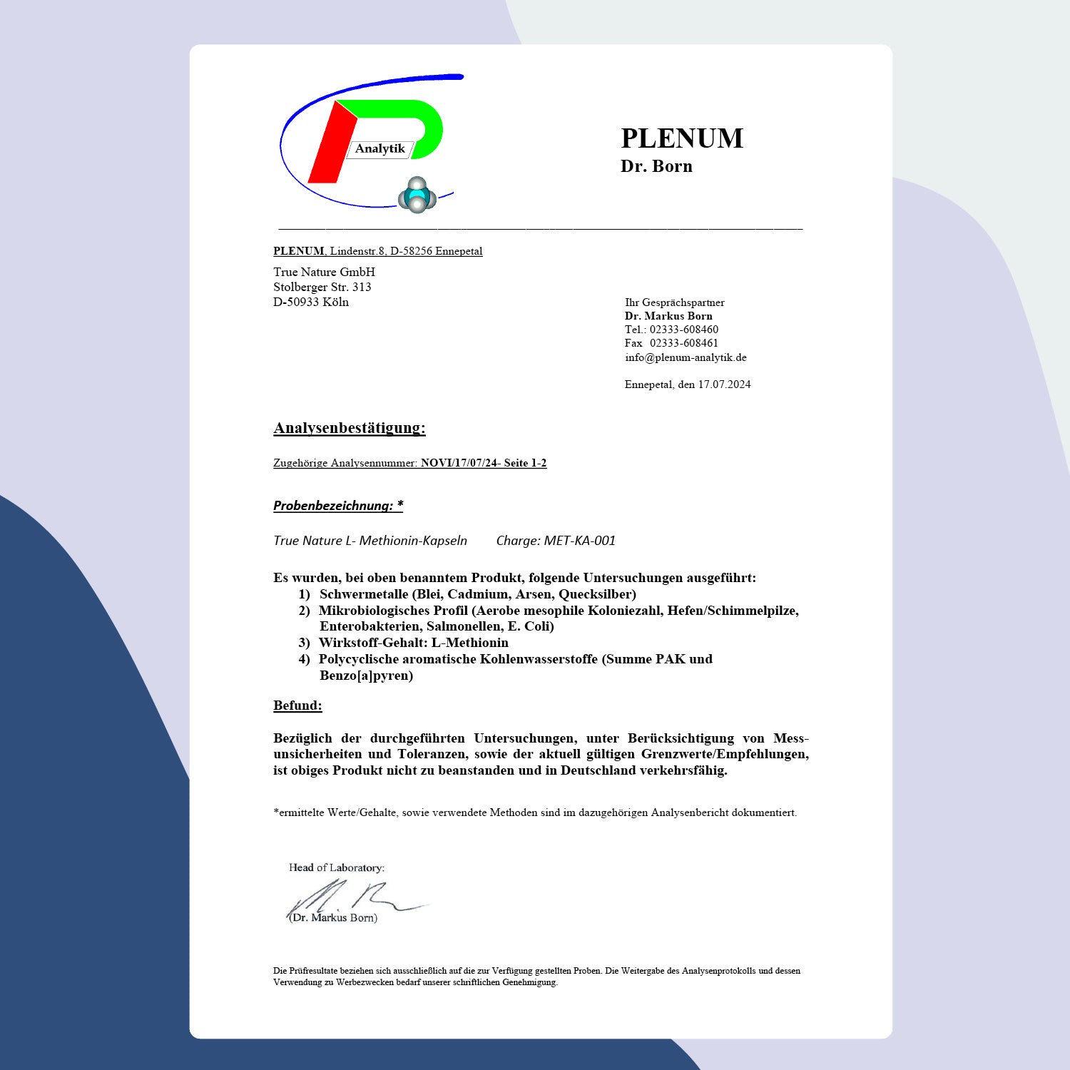 L-Methionin 500mg Kapseln - Analysenbestätigung, Laborzertifikat - True Nature